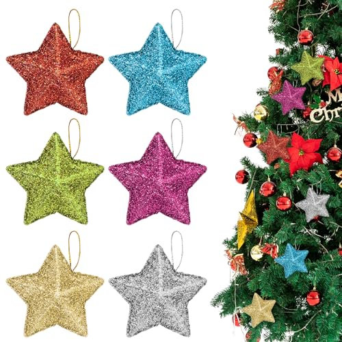 Christmas Tree Decorations - 12pcs Colorful Star Hanging Ornaments, Small Glitter Xmas Star Pendant for Party, New Year Holiday Decor Y7WJXGJ