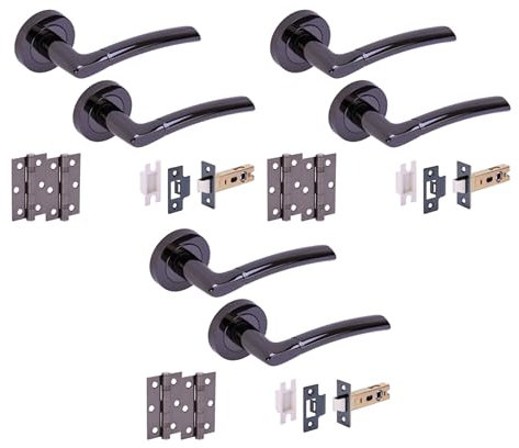 HANDLEZONE® 3 Sets Neemo Internal Door Handles on Rose Lever Latch Packs with Ball Bearing Hinges - Black Nickel