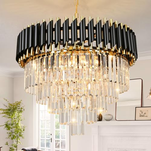 Modern Luxury Crystal Pendant Light Black Golden Crystal Chandelier Lights 5-Tier Raindrop Chandelier Light Fixture Flush Mount Ceiling Light for Dining Room Living Room Table Foyer,D60cm*H100cm