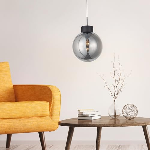 Lightbox edle Rauchglas Hängelampe - 120 cm Höhe, Ø 30 cm - Kugel Pendelleuchte mit Glas Schirm & kürzbarem Kabel - E27, max. 60 W - aus Glas/Metall - in Schwarz/Rauchglas