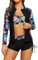 SHEKINI Frauen 3-teilige Rash Guard Langarm Badeanzüge mit Kordelzug Kurz (Schwarz+Blume, Medium)