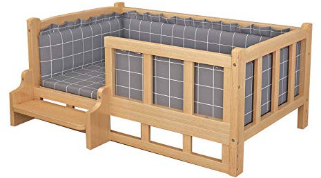 ALEjon Graues erhöhtes Hundebett mit Treppe – Haustier-Sofabett mit Holzrahmen für Welpen/mittelgroße/große Hunde, waschbare weiche Matratze, Hundehütte für drinnen/draußen, mit TreppenXL