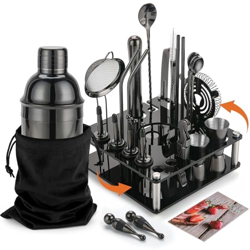 KINGROW Mixology Ensemble Shaker à Cocktail Complet de 29 pièces et Outils de Bar avec Support Rotatif en Acrylique, Ensemble de Bar Professionnel pour mélanger Les Boissons, Maison, Bar, fête (Noir)