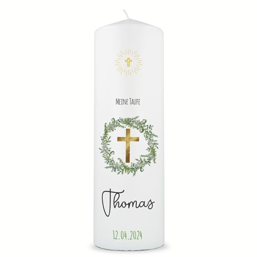 GRAVURZEILE Bedruckte Kerze - Taufkerze Kranz - brilliant bedruckte Kerze zur Taufe - Personalisiertes Taufgeschenk für Mädchen & Jungen - Hochwertige Stumpenkerze 250/80 mm - Kreuz