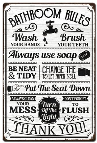 SUPERDANT Bathroom Rules Tin Sign - Metal Wall Art for Toilet & Sink - Funny Signs & Plaques