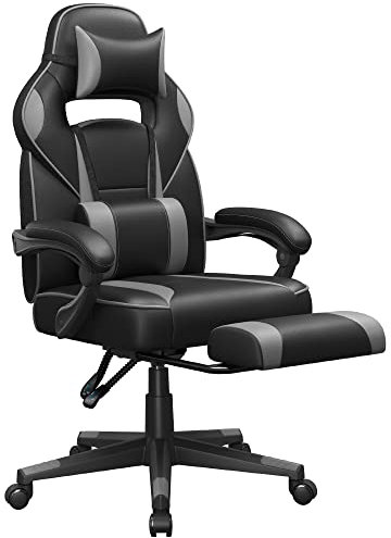 SONGMICS Racing Gaming Chair, Adjustable Office Chair with Footrest, Ergonomic Design, Headrest, Lumbar Support, 150 kg Weight Capacity, Ink Black and Dove Grey OBG073B13