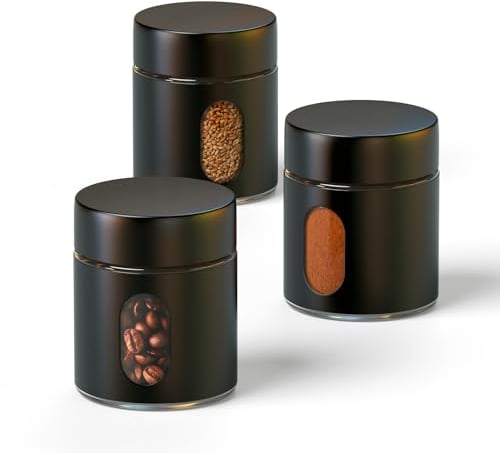 Enfmay Kaffeedose Luftdicht, Glas Vorratsdose, Kaffeedose für Tee Nüsse Kakao mit Transparentem Fenster, Klein und Tragbar, Geeignet Küche, Büro, Reisen, 3er Pack, Schwarz