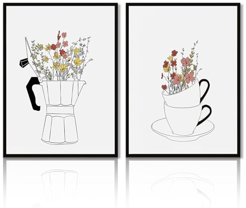 NymphFable Wildflower Leinwand Bilder Blumen in Kaffeetasse, Vintage Minimalist Wandposter für Schlafzimmer Wohnzimmer Dekor 12x16 ohne Rahmen 2er Set