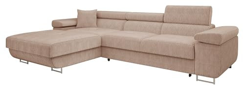 Mirjan24 Ecksofa Torezio Mini Cord mit Bettkasten, Einstellbare Kopfstützen, Bequeme Polsterung, Eckcouch mit Schlaffunktion für Wohnzimmer, L-Form Couch (Poso 52, Seite: Links)