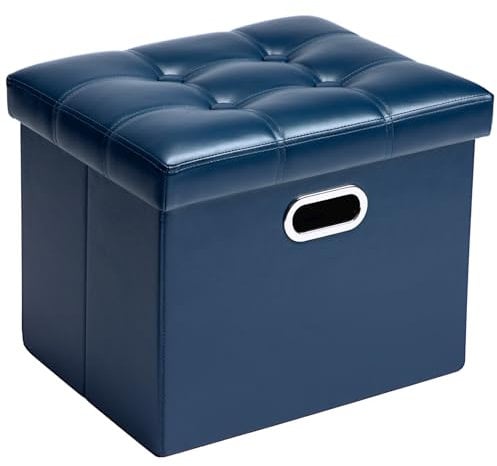 COSYLAND Pouf de Rangement Pliable en Similicuir avec Couvercle - Banc Coffre Multifonction 43x38x38cm - Tabouret Repose-Pieds 200kg - Ottoman de Salon Espace de Stockage Caché, Bleu
