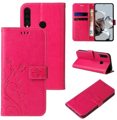 LBH Handy Hülle für Huawei P30 Lite Case Handytasche Schmetterling Blumen Flower Standfunktion Schutzhülle Magnet Rundum Schutz 360 Grad Flipcase Cover Pink
