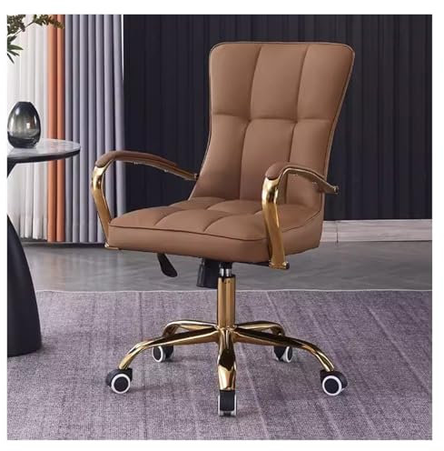 WIGSELBL Bürostuhl aus Leder, Schreibtischstuhl mit Armlehne, verstellbarer Drehstuhl mit goldenen Beinen und Armen, bequemer gepolsterter Arbeitsstuhl für Wohnzimmer (Braun)