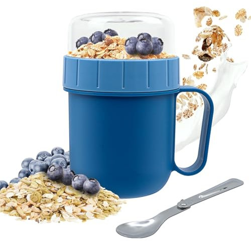 Viimples Muslibecher to go, Tasse de Yaourt Anti-Fuite, Tasse de CéRéAles à Emporter avec CuillèRe RéGlable – Pot à DéJeuner Lavable au Lave-Vaisselle et sans Bpa pour Bureau, Camp, éCole, Bleu