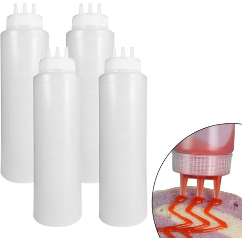 KUAOOAUK Lot de 4 bouteilles à presser avec 3 buses de pulvérisation, distributeur de sauce, 600 ml, avec bouchon torsadé, en plastique, pour ketchup, sauce, mayonnaise, moutarde, huile d'olive, sirop