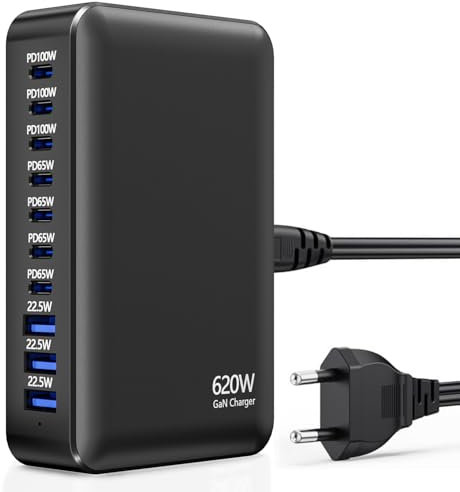 Chargeur USB C 620W, Chargeur USB Gan 10 Ports, Station de Charge Rapide Multi USB C pour Ordinateur Portable, Bloc d'alimentation PD Compatible avec iPhone/Samsung/Google/Laptop/MacBook Pro/Air.