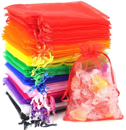 Quelcc 100 Stück Organzasäckchen, Bunt Organzabeutel, mit Kordelzug Bunt Schmuckbeutel Geschenkverpackung für Weihnachten Hochzeit Geburtstag Party (10 Farben)