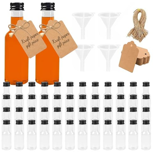 Forbabe 48 STK Mini Fläschchen Likörflaschen 25ml Plastik Shot Flaschen zum Befüllen mit Schwarzem Deckel und Trichter Wiederverwendbar Schnapsflaschen zum Befüllen für ätherische Öle Whisky