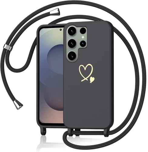 Yichxu Handyband für Samsung Galaxy S25 Ultra 5G Hülle mit Band, Herz Design Necklace Handyhülle zum Umhängen Kordel, Stoßfest Schutzhülle mit Kette, Liquid Silikon Case für Samsung S25 Ultra Schwarz