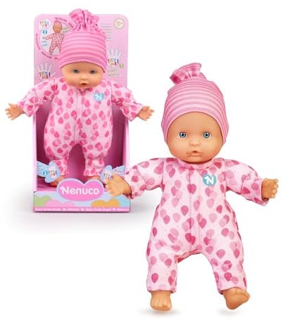 Nenuco Bambola morbida con 3 funzioni, quando gli stringi mani e piedi emette suoni da neonato, può mettere il dito in bocca, +10 mesi, Famosa (NFNA9000)