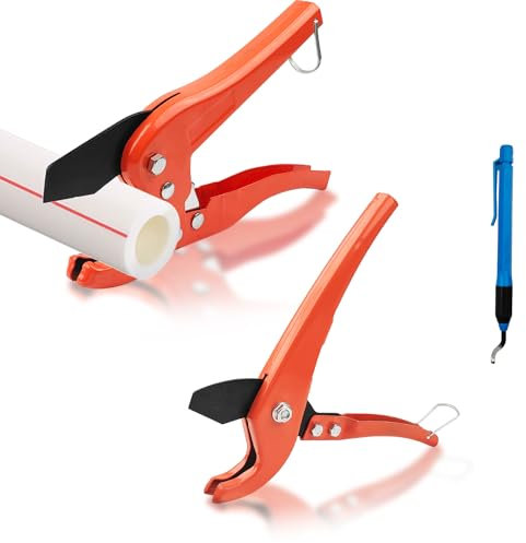 2Pcs PVC Pipe Cutter, 1-5/8&1-1/4 SK5 Steel Blade PEX Tube Cutter, Rotatable Deburring Pen Reamer, Multifunctional Plastic Hose Cutter, Pipe Cutting Tool for Home Repairs Plumbers
