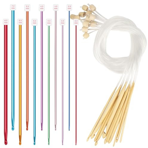 Reessy Tunisian Crochet Hooks Set, 11PCS Aluminium Tunisian Crochet Hook 2.0-8.0mm and 12 PCS Bamboo Tunisian Crochet Hooks with Cable 3.0-10.0mm, Afghan Tunisian Crochet Hook for Knitting Blanket