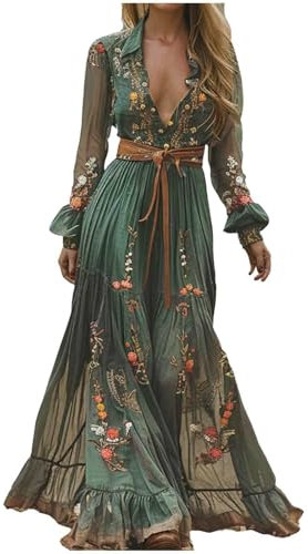 Women's Vintage Western V-Neck Maxi Dress - Casual Long Sleeve Rustic Style Flowing Country Flower Lace A-Line Swing With Ruffle
