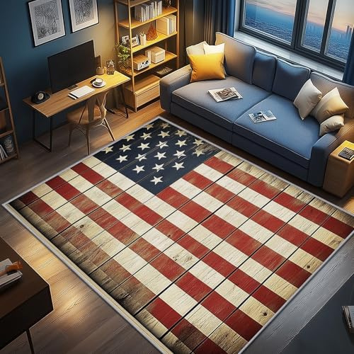 AevuCub Amerikanische Flagge Deko, USA Flagge Teppich 50x80 Kurzflor, Kleiner Teppich Wohnzimmer Vintage Holz, Weich rutschfest Waschbare Teppiche, Bettvorleger Schlafzimmer Kinderzimmer
