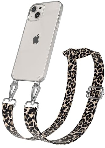 EAZY CASE Handykette - Verstellbares Taschenband kompatibel mit iPhone 13, Schulterriemen, Handykordel mit Silikon Hülle, Umhängetasche, Leo - Schwarz Beige Silber