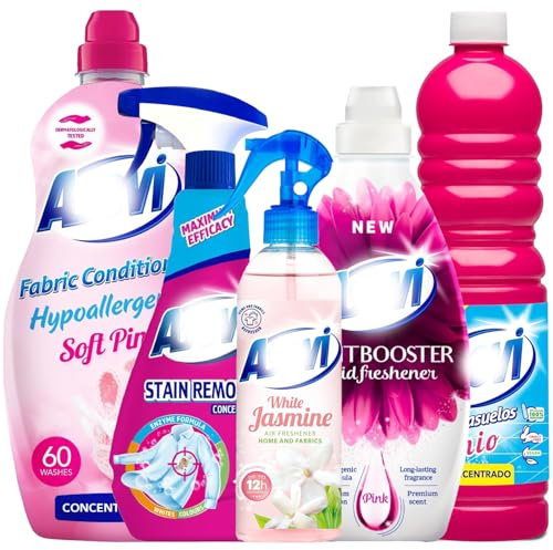 5 Piece Pink Bundle Spanish Cleaning Products Giftset, White Jasmine Air Freshener 400ml Clothes Scent Booster 720ml Floor Cleaner Disinfectant 1L Fabric Stain Remover 720ml Fabric Softener 60 Washes