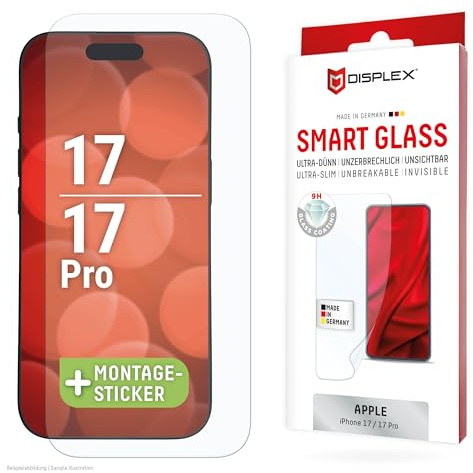 Schutzfolie mit Glasoberfläche für iPhone 17 Pro, 17 (9H), Made in Germany | DISPLEX Smart Glass, unzerbrechlich, kratzfest, 9H Härte, ultra-dünn, kristallklar, mit Montagehilfe