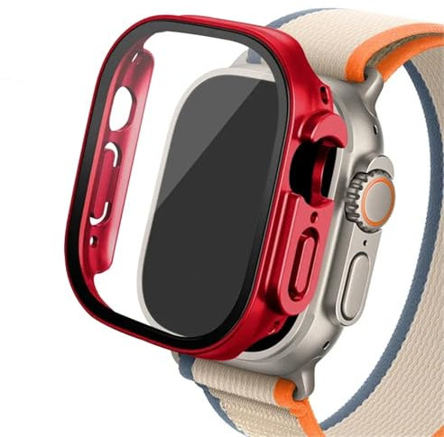 OBAEHH Boîtier en verre pour Apple Watch Ultra 2, 49mm, smar twatch PC, protecteur d'écran pare-chocs, couverture trempée, accessoires de bande série iwatch(Official red 26,Ultra 49mm)