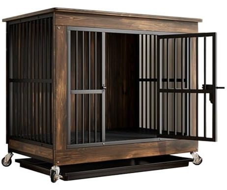 Uptyia Jaula de Madera para Perros con Bandeja Extraíble y Ruedas | Diseño tipo mueble, Techo resistente, Marrón, 80 × 52 × 77 cm, Tamaño S
