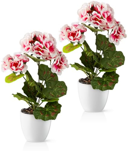 PASCH® Künstliche Geranien im Hochglanz-Keramiktopf | Kunstblumen im Topf | Künstliche Blumen wie echt | Fake Blumen | Kunstblumen wie echt (Beauty, 2 Stück, 25cm)