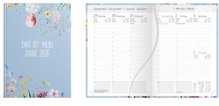 Idena 12041 - Taschenkalender DIN A6 2026 Mein Jahr, 1 Woche auf 2 Seiten, Terminplaner mit Hardcover-Einband, Blütenmotiv und Leseband