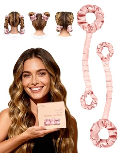 BONNET QUEEN Bigodini Morbidi per Dormire Satin Bigodino Lungo per Boccoli Arricciacapelli Senza Calore Hair Curler Heatless Curls con Scrunchie, Medio, 2PZS, Rosa Crema