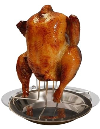 Lnhgh Ständer für Huhn, Bier, für Grill, Halterung aus Edelstahl für Rotisserie – Dreibein für Huhn mit Grillpfanne für Garten, Outdoor, Camping, Restaurant, Party