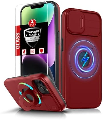 FRLMOOES for iPhone 13 Case/ iPhone 14 Case Magnetic Kickstand+Camera Cover | Compatible with MagSafe Wireless Charging,with 2 Screen Protectors,Anti-Scratch Shockproof Heavy Duty Protection Phone,Red