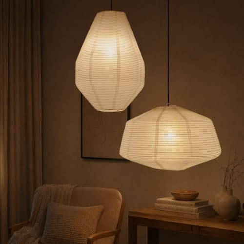METHEDEECO 2er Set Papierlampenschirme Diamantform, 49 cm & 35 cm | Handgefertigt, Reispapier, Für Wohnzimmer, Schlafzimmer & Esszimmer, Nur Schirme