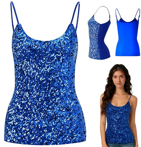 MUNSKT Women's Sequin Party Tops, Adjustable Straps Daily Halter Tank Tops Sleeveless Glitter Camisole Vest Blouse Tshirts for Night Club Party Performance Costume Tops (Blue)