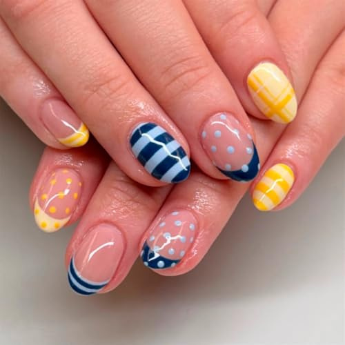 24 Pcs Press on Nails, False Nails, Fake Nails, Acrylic Short Round Tips - Blue & Yellow French Dots & Stripes Design with Glue & Jelly Tabs for Women, Summer Parties, Holidays & Daily Wear