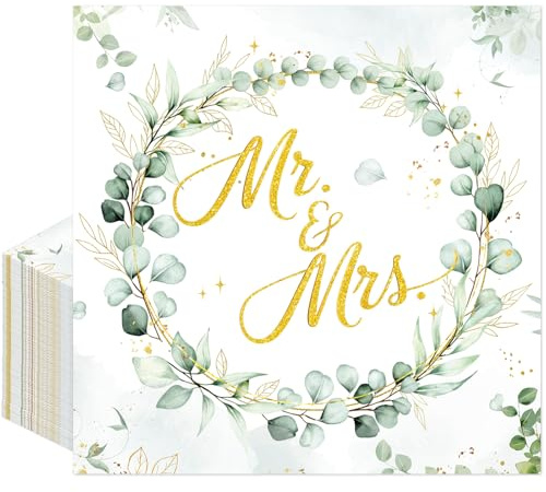 Afritee Servietten Hochzeit Tischdeko, 40 Stück Eukalyptus Mr Und Mrs Deko Hochzeitsservietten, Servietten Salbeigrün Hochzeit Wedding Papierservietten Deko Tisch 33 X 33cm