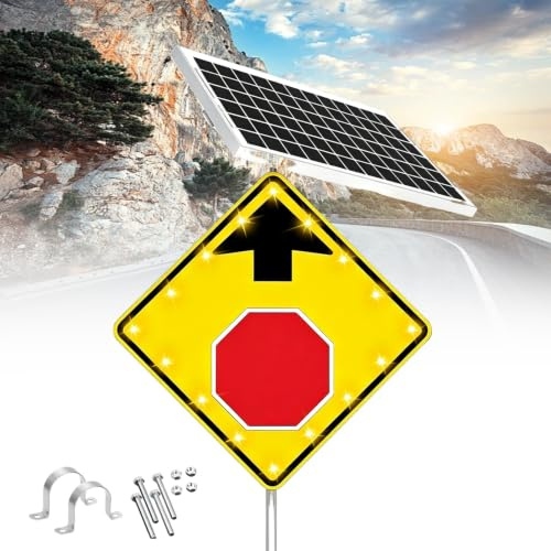 Panneau Solaire À LED « Stop Ahead » Réfléchissant (Diamond Grade), 24 X 30 Pouces, Lumineux, Flèche Clignotante, Cadres Métallique Résistant À La Rouille, Étanche (IP65)(30in)