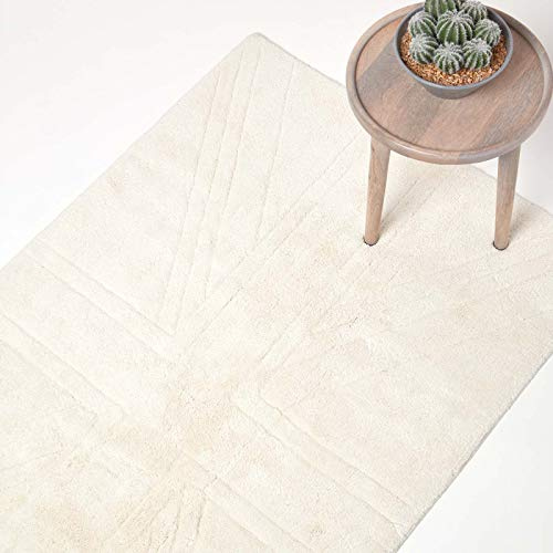 HOMESCAPES 100% Cotton Washable Tufted Rug Union Jack Plain Embossed Mat Ivory Cream - 50 x 80 cm Bath Mat or Interior Rug