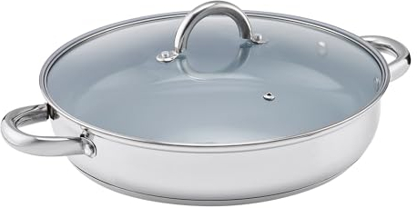 Cooks Professional Stainless Steel Sauté Pan with 4.5L Capacity, Non-Stick Ceramic Interior, Heat Resistant Handles & Glass Lid | Dishwasher Safe Cooking Pan Pot | Suitable for All Hobs Inc Induction