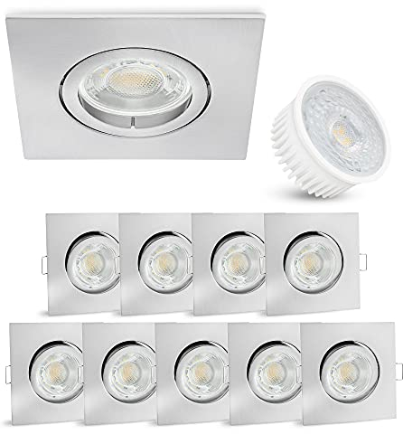 linovum 10er Set Decken Einbauleuchte flach nur 36mm - Einbaustrahler in Edelstahl Optik schwenkbar inkl 4W LED Modul warmweiß