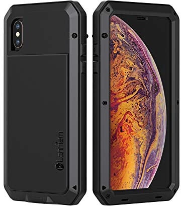 Lanhiem für iPhone XS Max Hülle, 360 Grad Outdoor Schutzhülle Stoßfest Tough Armor Metall Ganzkörper Panzerhülle Staubdicht Heavy Duty Case mit Eingebautem Displayschutz, Schwarz