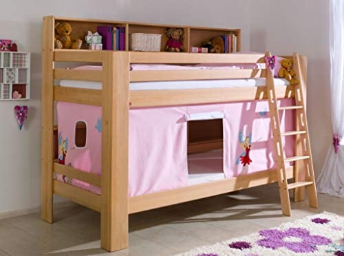 Froschkönig24 Etagenbett JAN Kinderbett Spielbett Bett mit Bücherregal Buche Prinzessin Rosa/Weiß, Matratzen Oben/unten:ohne