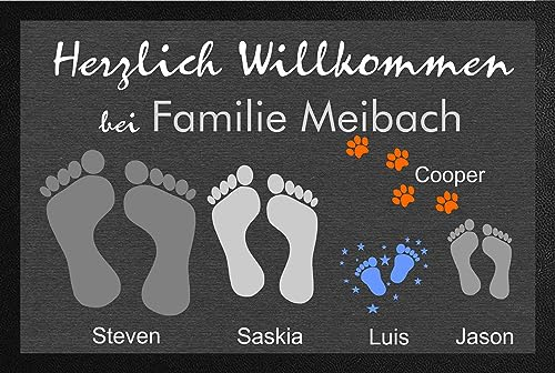 Verlag HE Personalisierte Fußmatte mit Fußabdruck & Pfoten Fußabtreter mit Namen von Mama, Papa, Kind, Baby, Hund, Katze grau anthrazit individuell aussen innen waschbar Herzlich willkommen