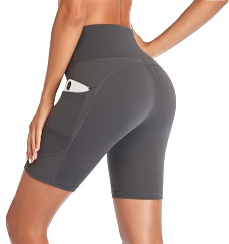 GIMDUMASA Shorts de Sport Femmes Taille Haute Leggings Court avec Poche Pantalon Leggins Femme pour Yoga Sports Fitness Running Gym GI371 (Gris, M)