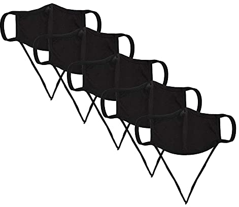 KUNSTIFY 5 Stück Stoffmaske mit verstellbaren Ohrschlaufen Neckstrap Umhängemaske Mundschutz Maske aus Baumwolle Stoffmaske Kinder und Erwachsene Schwarz